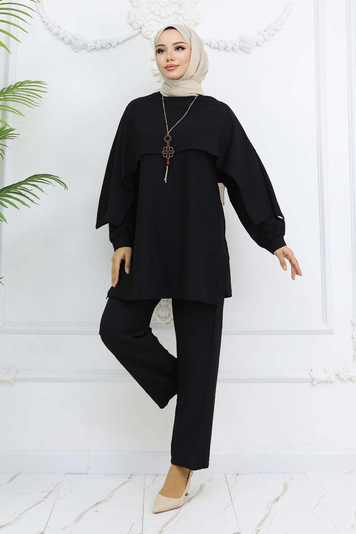 BNG Women Yaka Detaylı Kolyeli Tesettür Takım Siyah 4808 - Olbia