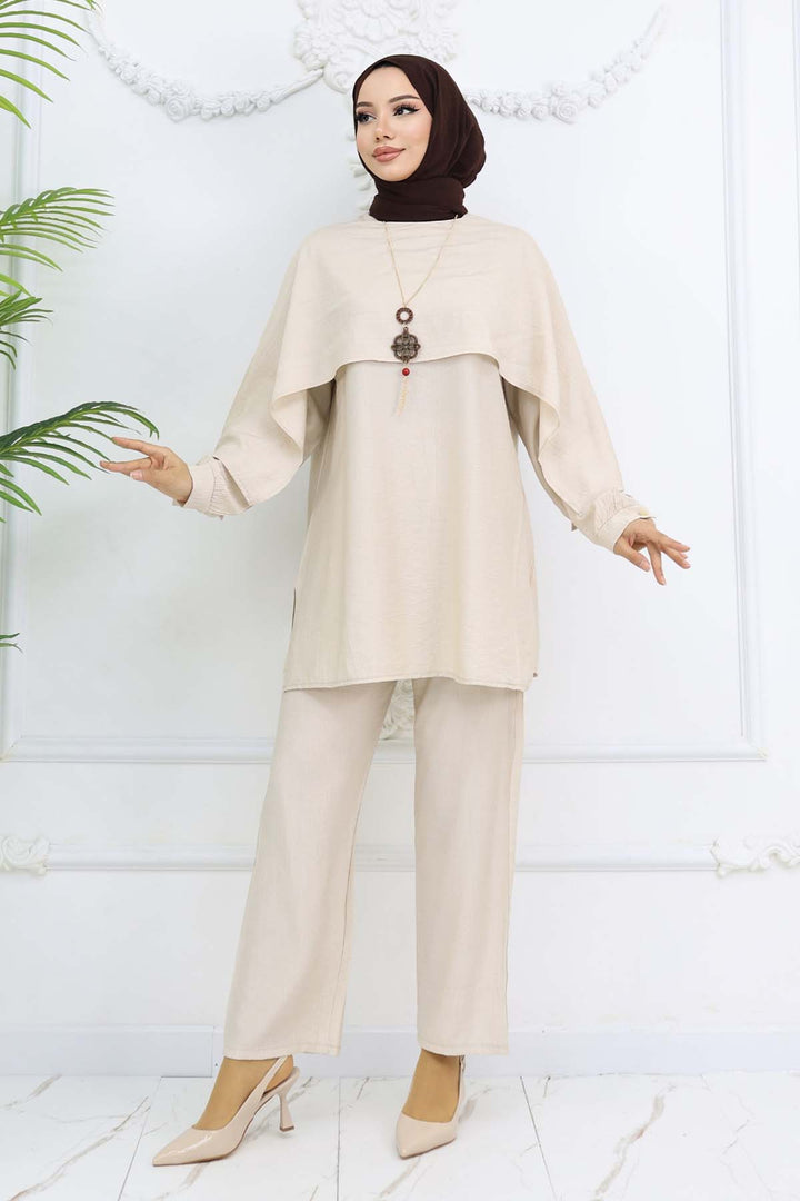 BNG Women Yaka Detaylı Kolyeli Tesettür Takım Taş Rengi 4808 - Zumpango