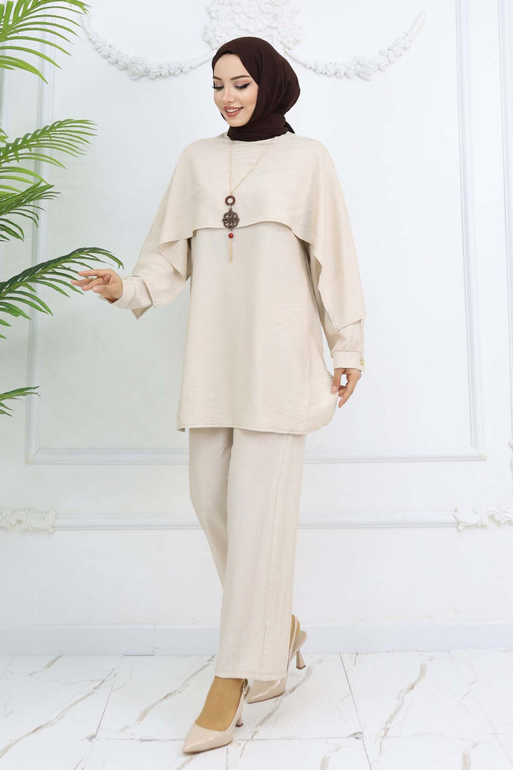 BNG Women Yaka Detaylı Kolyeli Tesettür Takım Taş Rengi 4808 - Zumpango