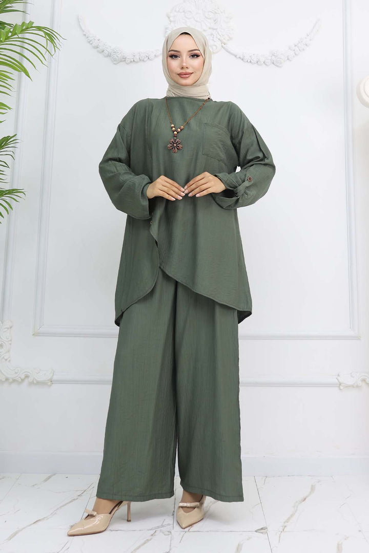 BNG Women Button Detailed Necklace Set Khaki 4782 - Danville