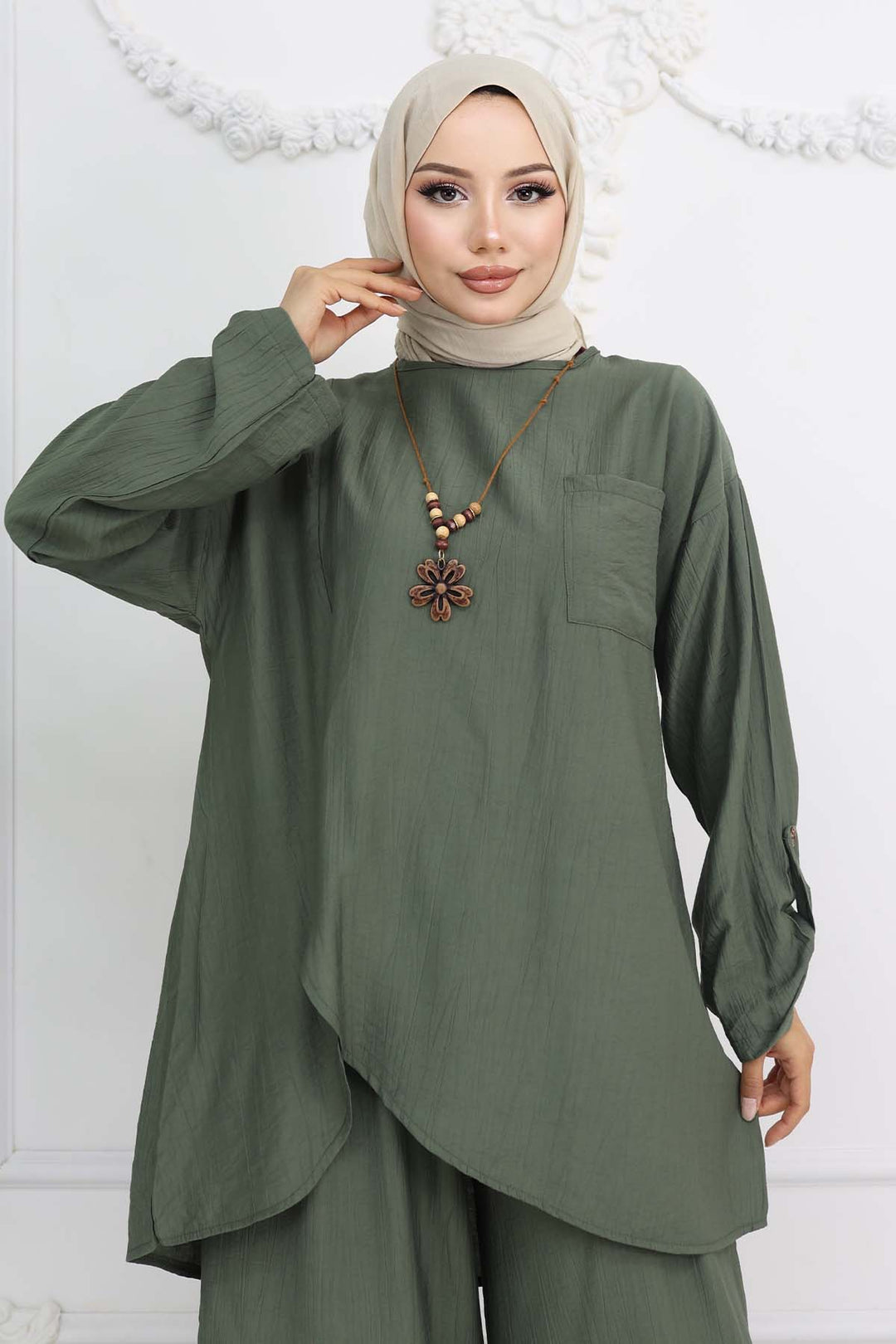 BNG Women Button Detailed Necklace Set Khaki 4782 - Danville