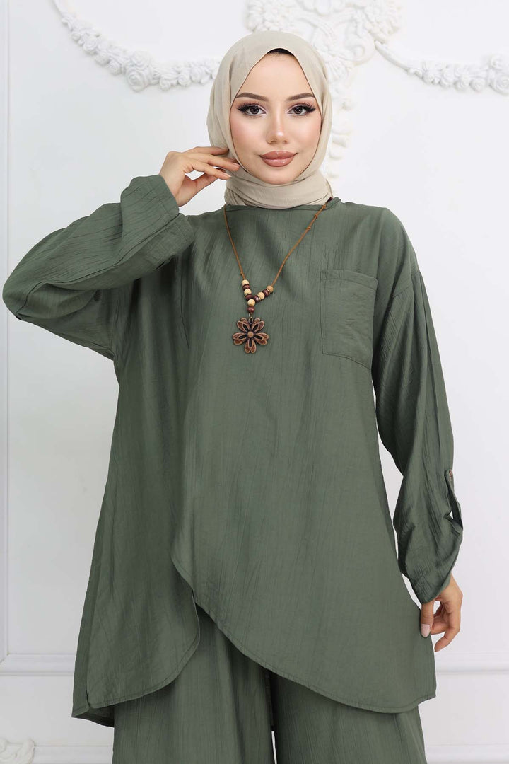 BNG Women Button Detailed Necklace Set Khaki 4782 - Danville