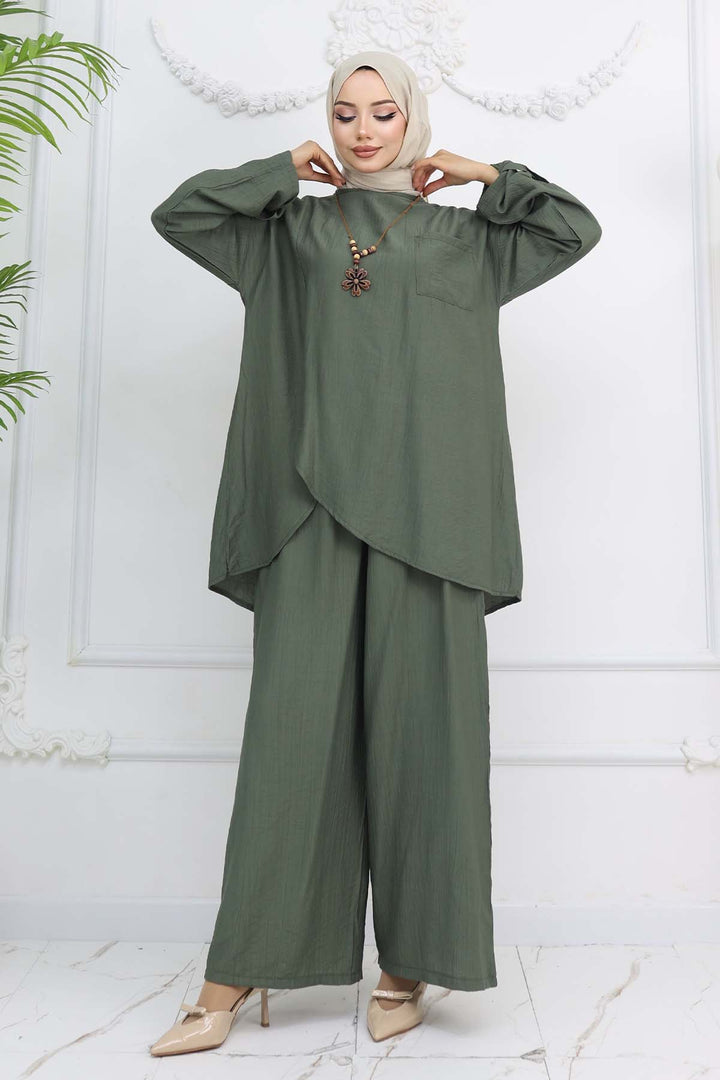 BNG Women Button Detailed Necklace Set Khaki 4782 - Danville