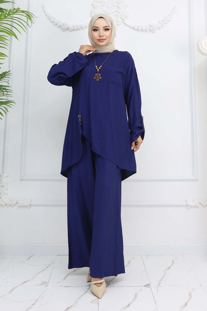 BNG Women Düğme Detaylı Kolyeli İkili Takım Lacivert 4782 - Chiapa de Corzo