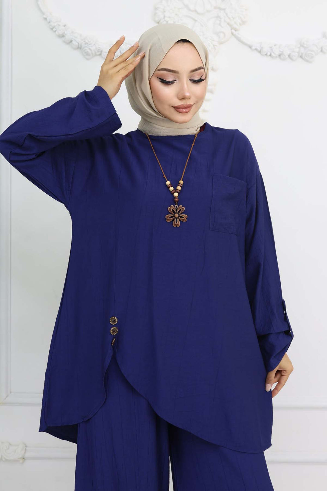 BNG Women Düğme Detaylı Kolyeli İkili Takım Lacivert 4782 - Chiapa de Corzo