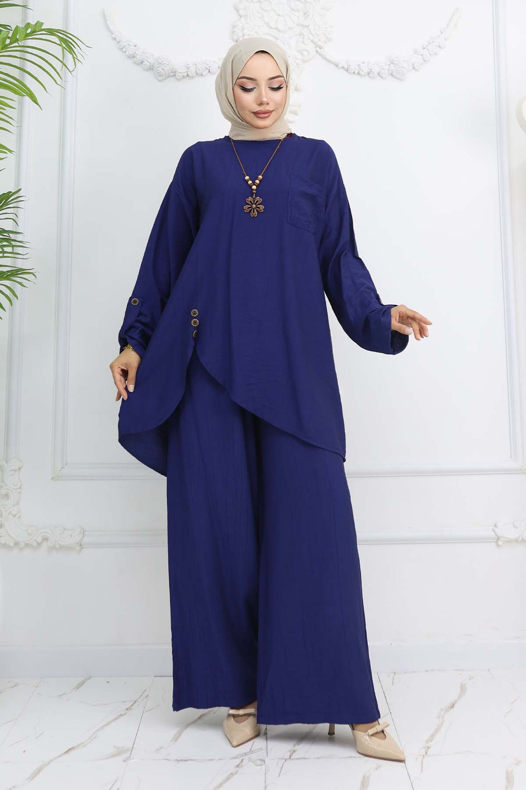 BNG Women Düğme Detaylı Kolyeli İkili Takım Lacivert 4782 - Chiapa de Corzo