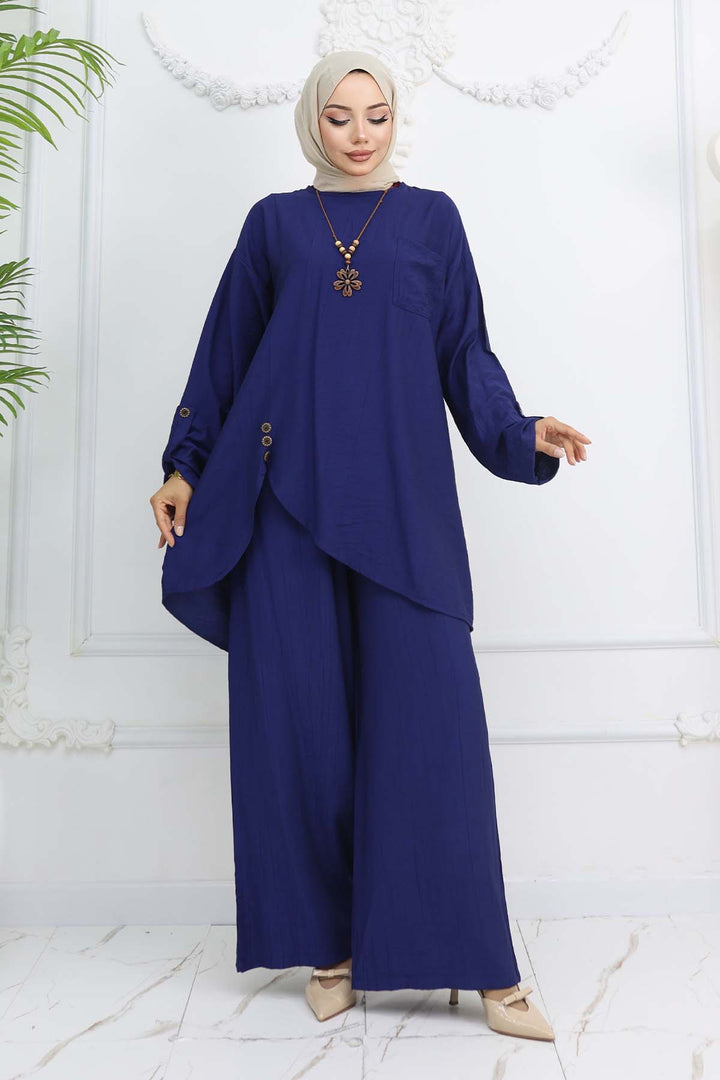 BNG Women Düğme Detaylı Kolyeli İkili Takım Lacivert 4782 - Chiapa de Corzo