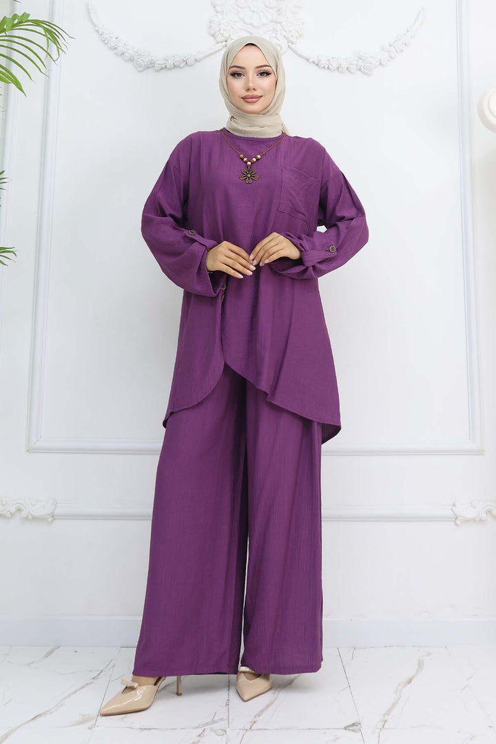 BNG Women Button Detailed Necklace Set Purple 4782 - Aves