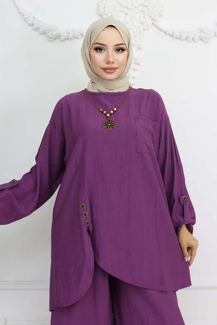 BNG Women Button Detailed Necklace Set Purple 4782 - Aves