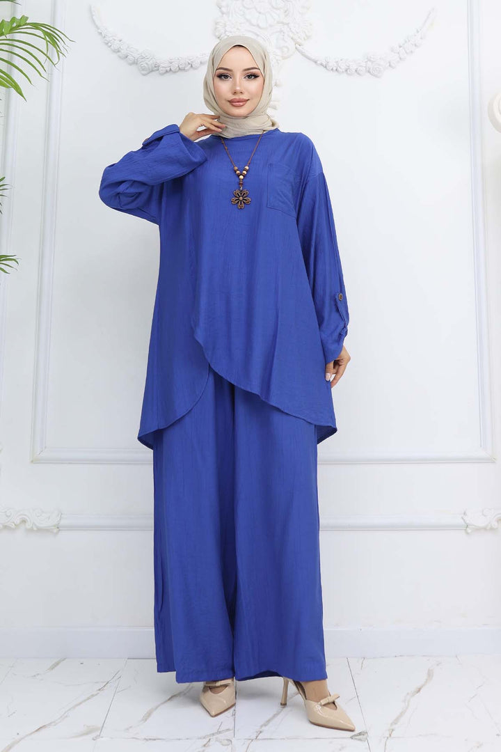 BNG Women Düğme Detaylı Kolyeli İkili Takım Saks Mavisi 4782 - Bristol