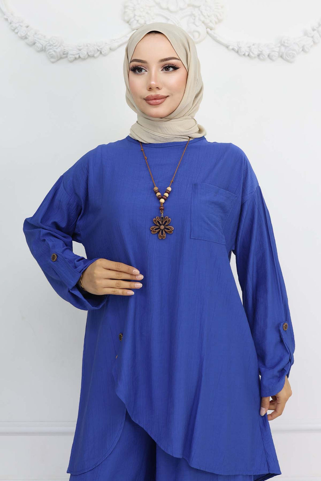 BNG Women Düğme Detaylı Kolyeli İkili Takım Saks Mavisi 4782 - Bristol