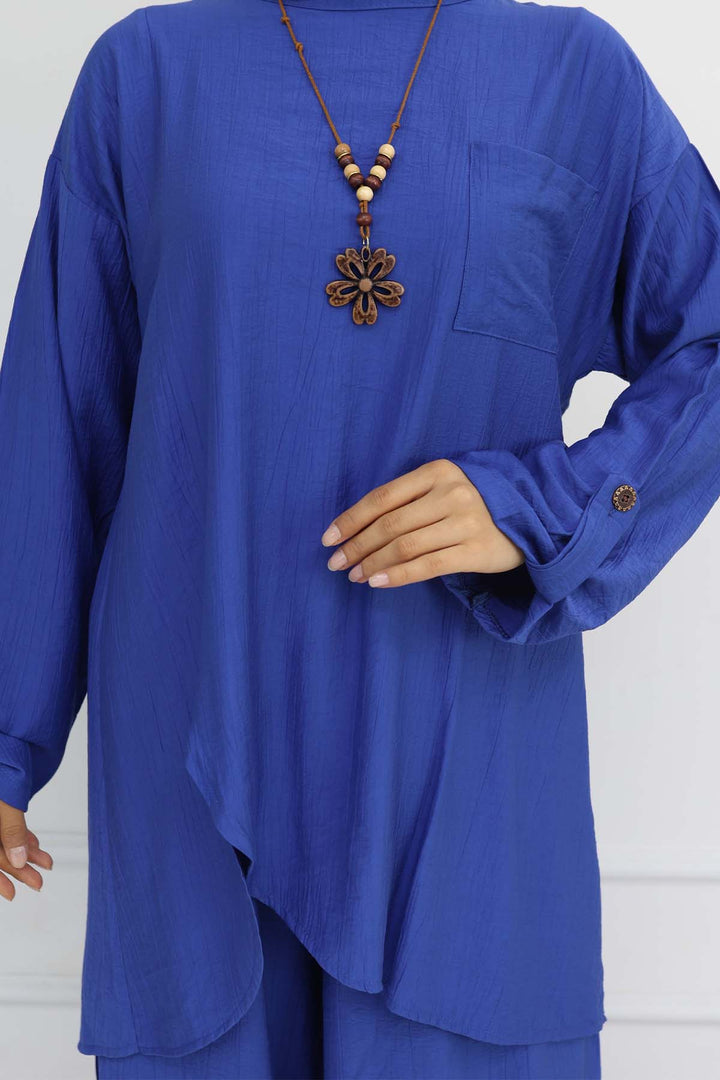 BNG Women Düğme Detaylı Kolyeli İkili Takım Saks Mavisi 4782 - Bristol