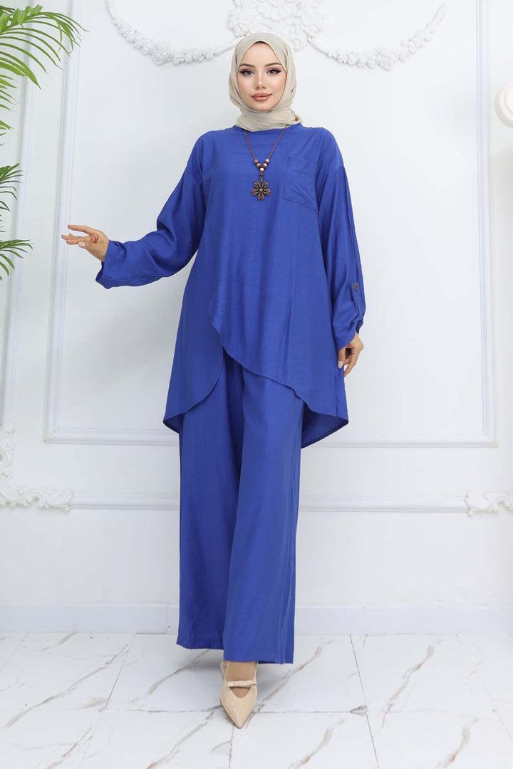 BNG Women Düğme Detaylı Kolyeli İkili Takım Saks Mavisi 4782 - Bristol