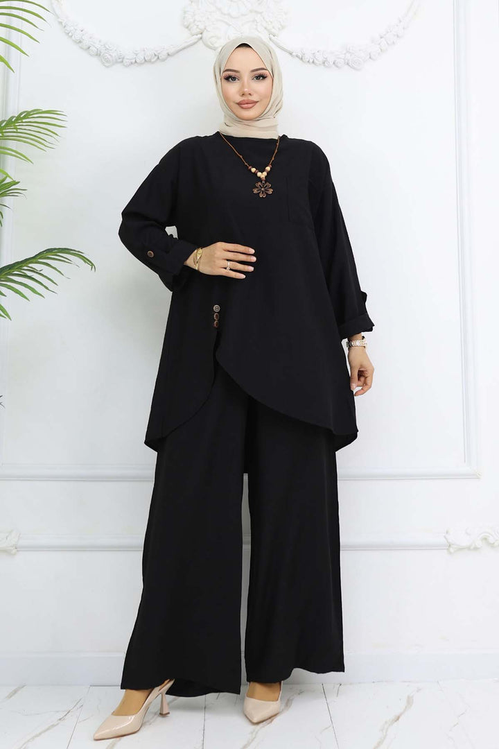 BNG Women Düğme Detaylı Kolyeli İkili Takım Siyah 4782 - Saint-Herblain