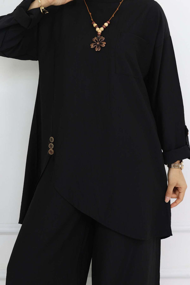 BNG Women Düğme Detaylı Kolyeli İkili Takım Siyah 4782 - Saint-Herblain