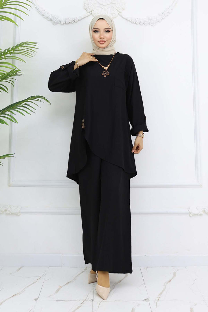 BNG Women Düğme Detaylı Kolyeli İkili Takım Siyah 4782 - Saint-Herblain