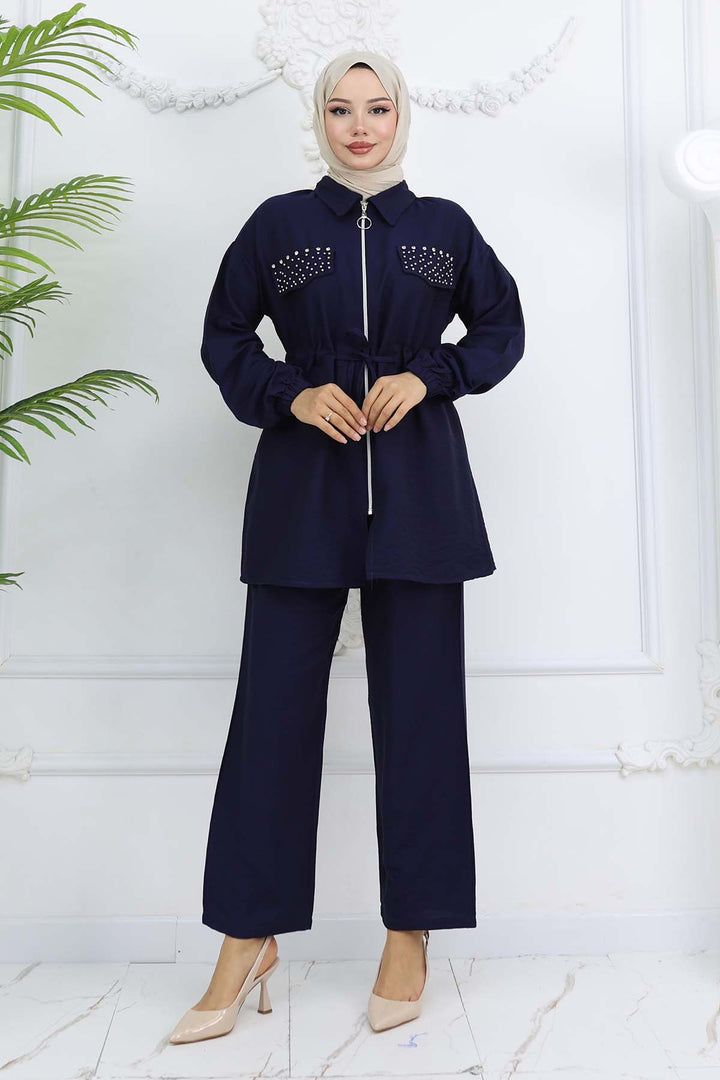 BNG Women Taşlı Keten Airobin Takım Lacivert 4766 - Hamilton