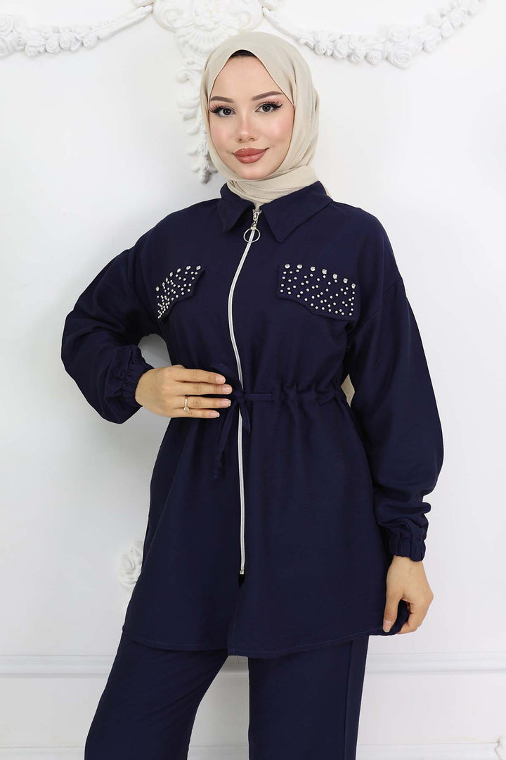 BNG Women Taşlı Keten Airobin Takım Lacivert 4766 - Hamilton