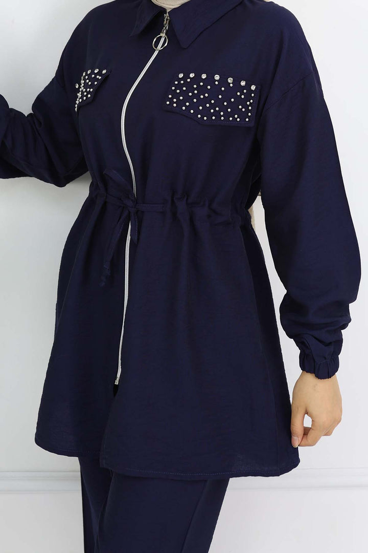 BNG Women Taşlı Keten Airobin Takım Lacivert 4766 - Hamilton