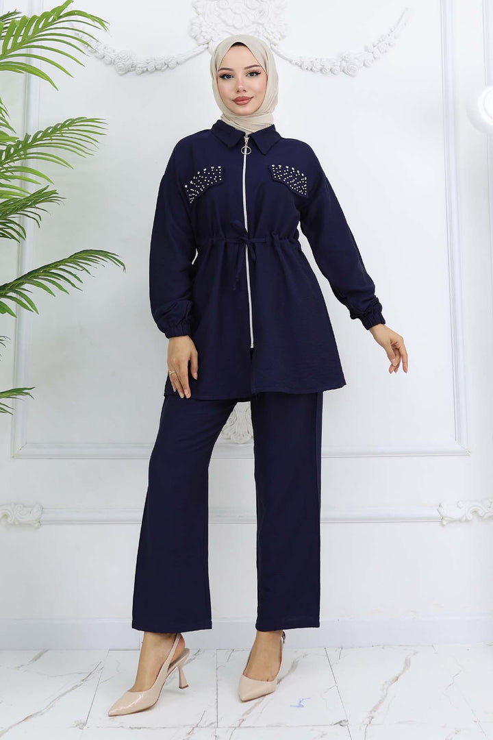 BNG Women Taşlı Keten Airobin Takım Lacivert 4766 - Hamilton