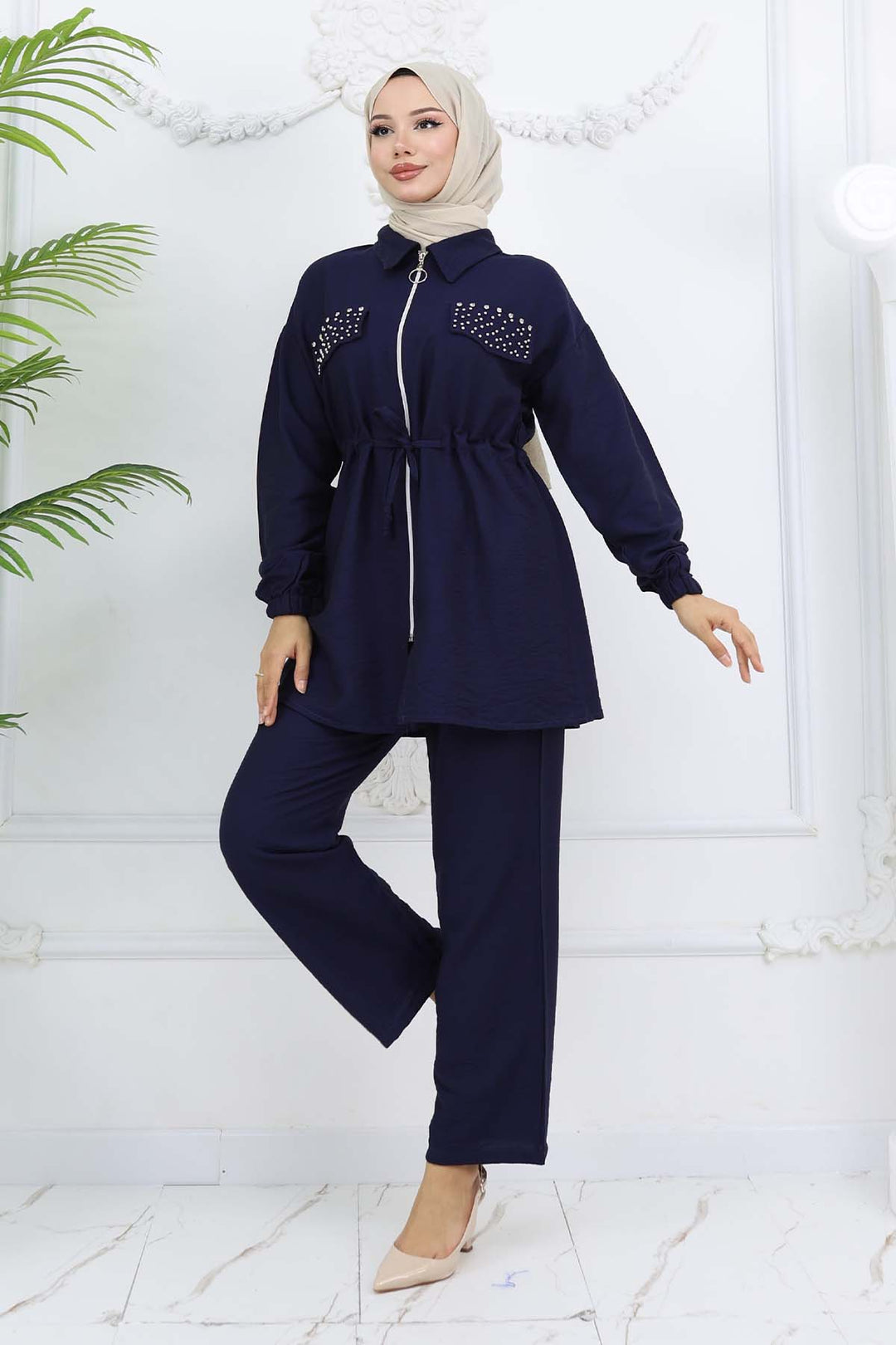 BNG Women Taşlı Keten Airobin Takım Lacivert 4766 - Hamilton