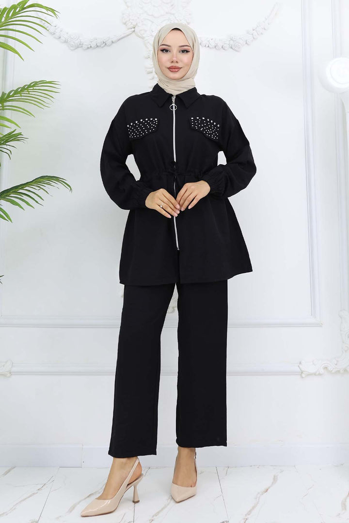 BNG Women Taşlı Keten Airobin Takım Siyah 4766 - Lynnwood