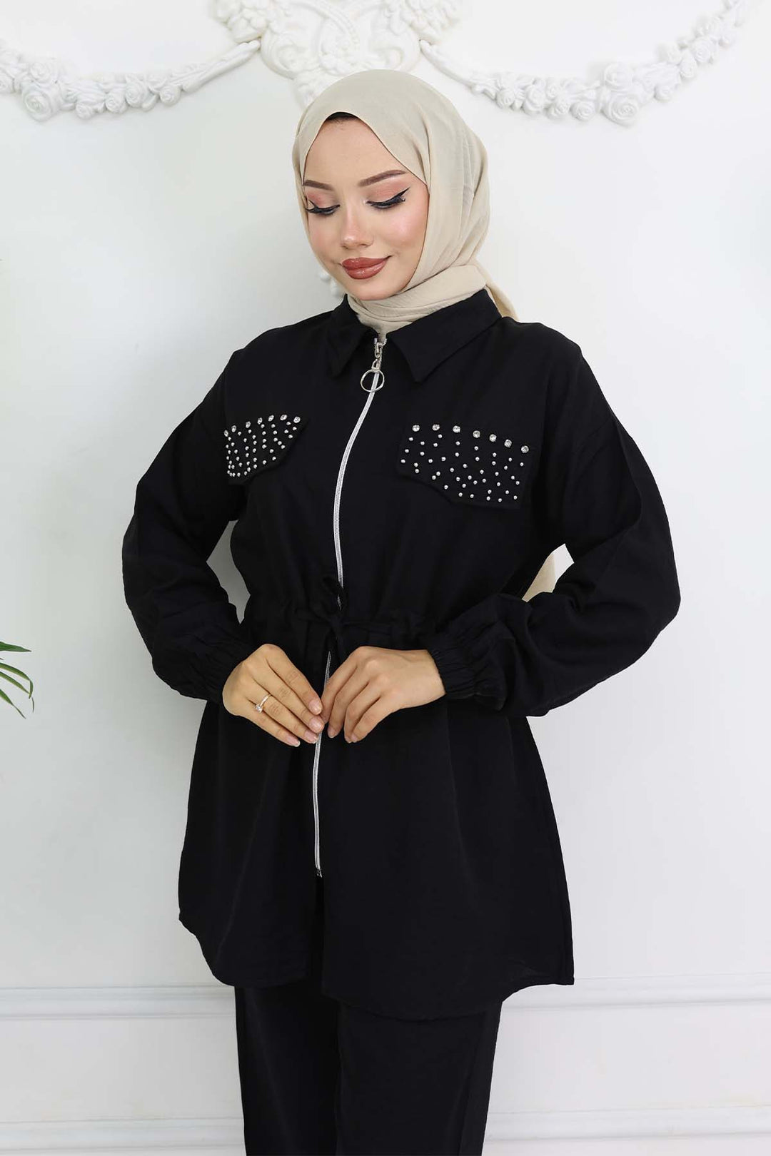 BNG Women Taşlı Keten Airobin Takım Siyah 4766 - Lynnwood