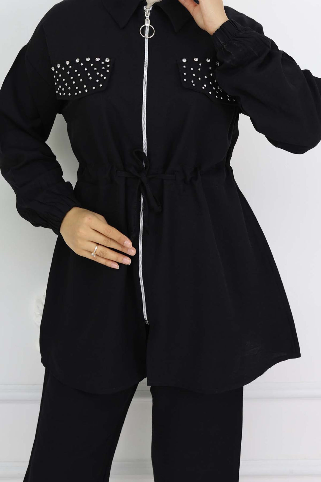 BNG Women Taşlı Keten Airobin Takım Siyah 4766 - Lynnwood