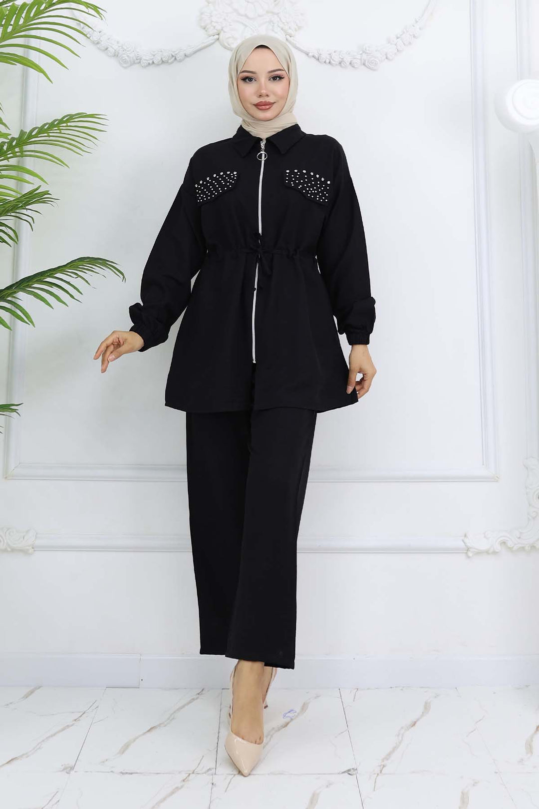 BNG Women Taşlı Keten Airobin Takım Siyah 4766 - Lynnwood