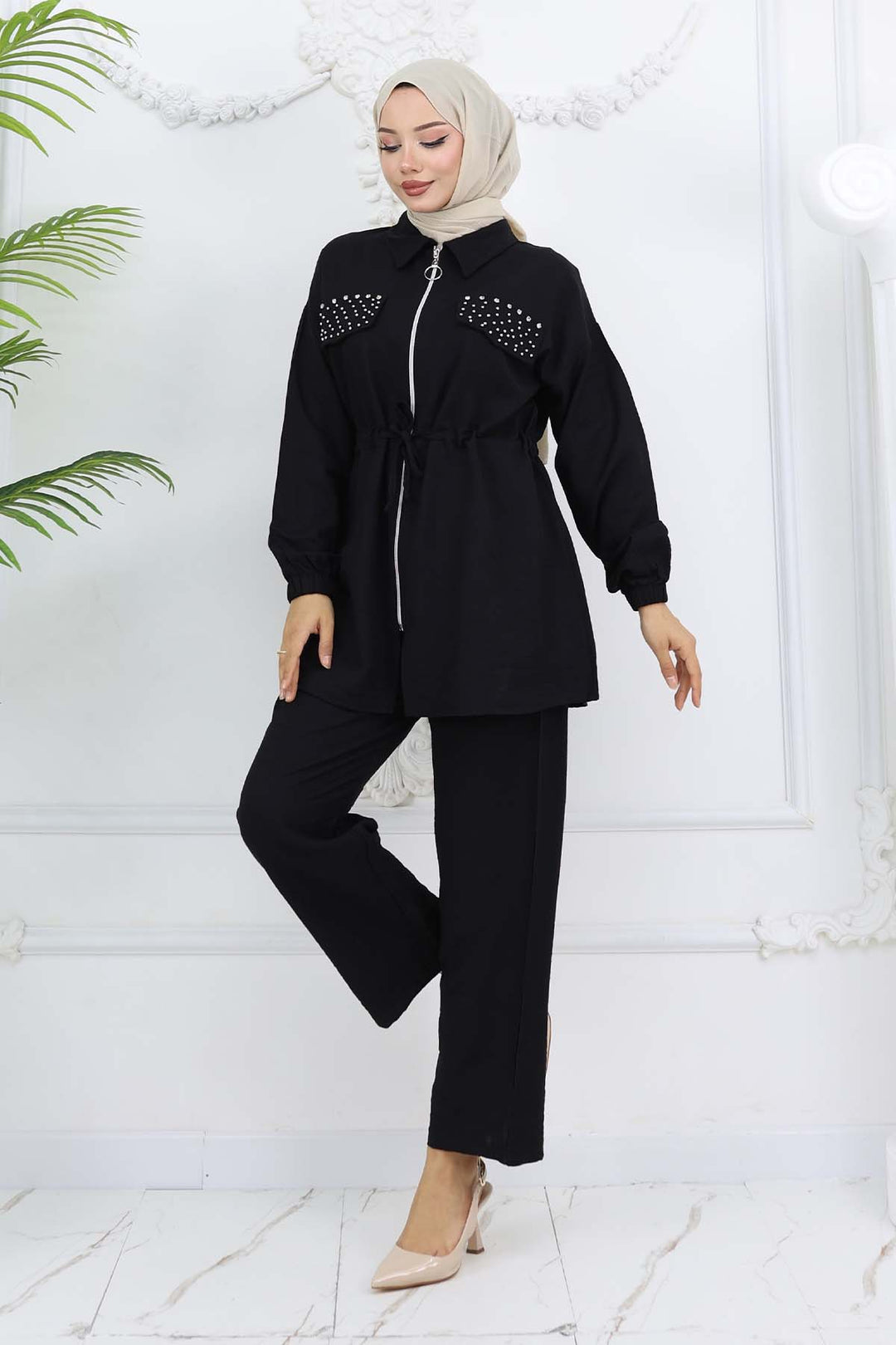 BNG Women Taşlı Keten Airobin Takım Siyah 4766 - Lynnwood