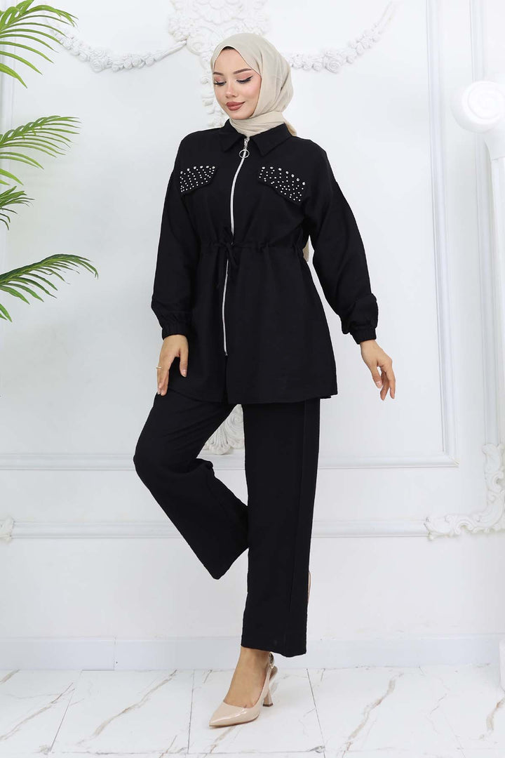 BNG Women Taşlı Keten Airobin Takım Siyah 4766 - Lynnwood