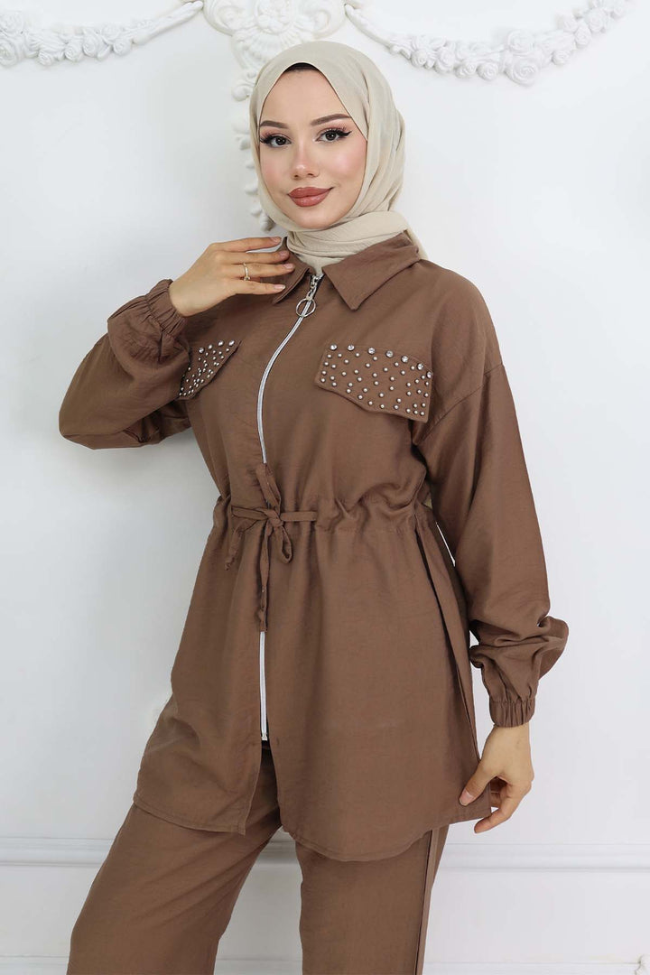 BNG Women Taşlı Keten Airobin Takım Taba 4766 - Blue Springs