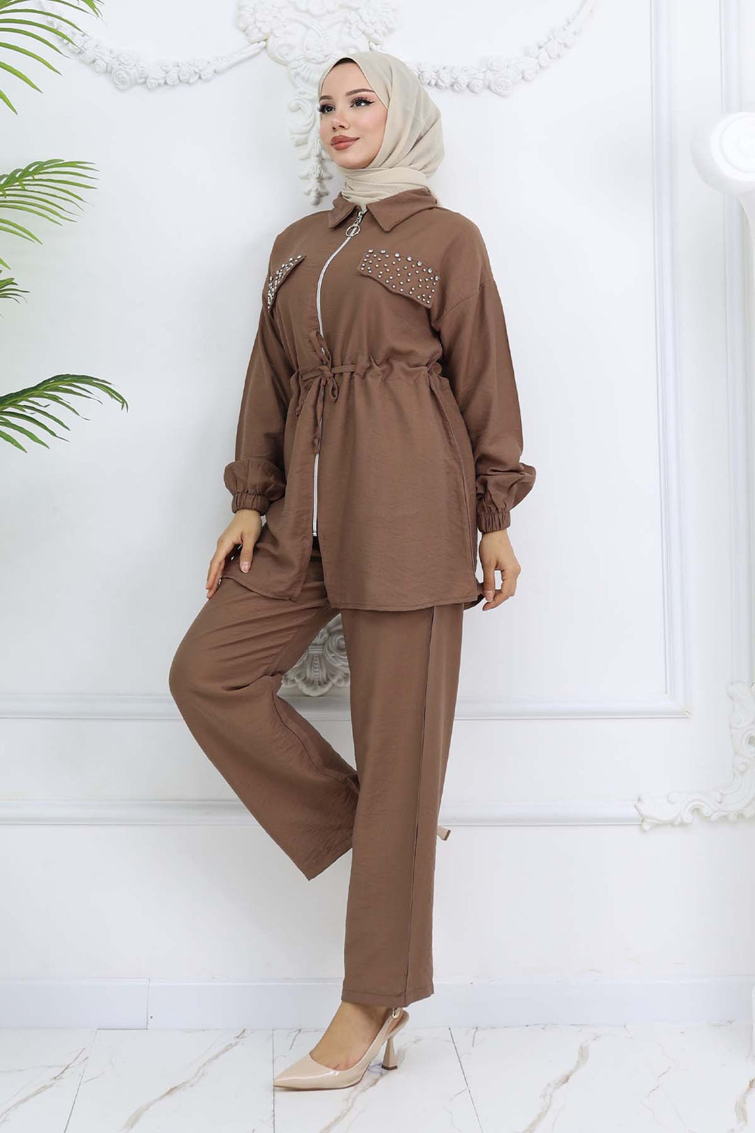 BNG Women Taşlı Keten Airobin Takım Taba 4766 - Blue Springs