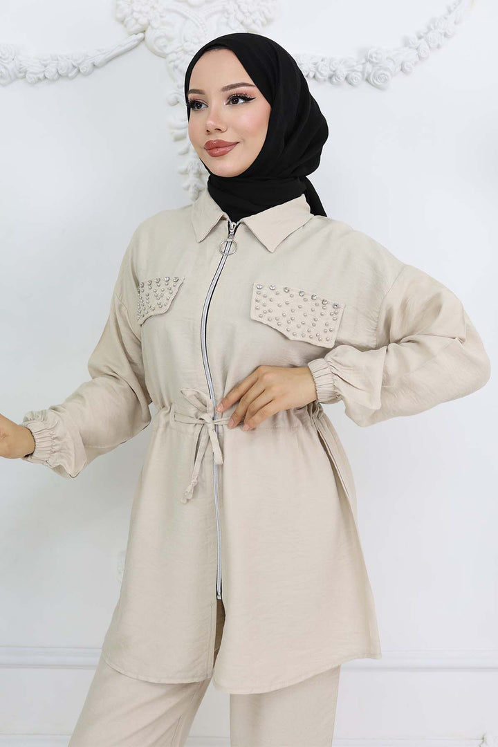 BNG Women Taşlı Keten Airobin Takım Taş Rengi 4766 - Barri