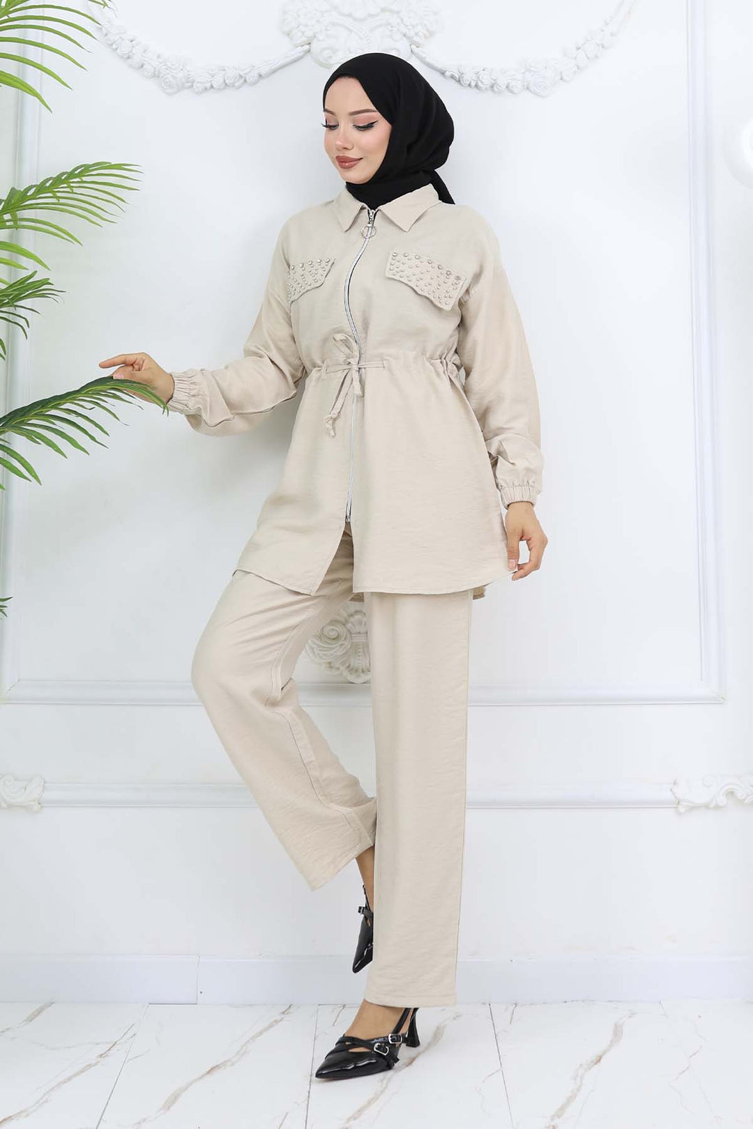 BNG Women Taşlı Keten Airobin Takım Taş Rengi 4766 - Barri