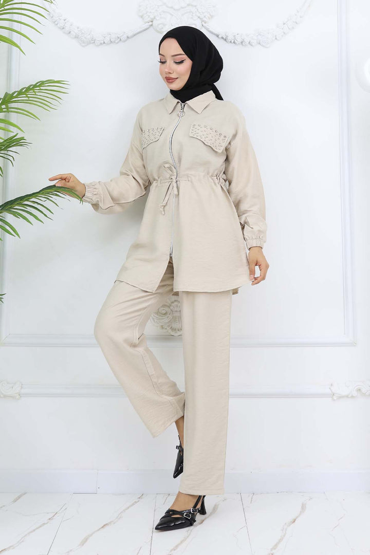 BNG Women Taşlı Keten Airobin Takım Taş Rengi 4766 - Barri