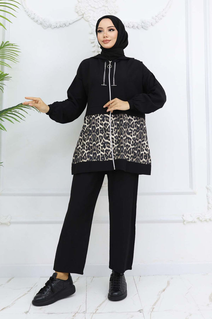 BNG Women Chain Leopard Patterned Set Black 4748 - Smyrna