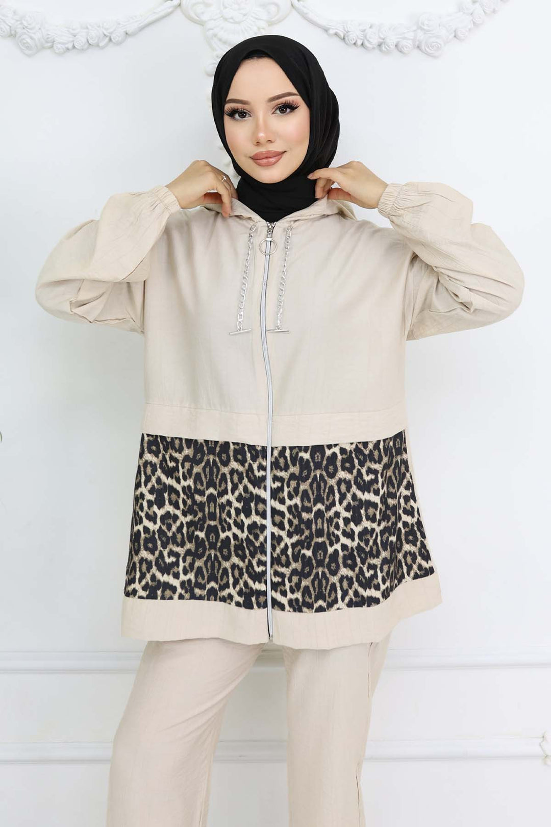 BNG Women Zincirli Leopar Desenli Takım Taş Rengi 4748 - Venray