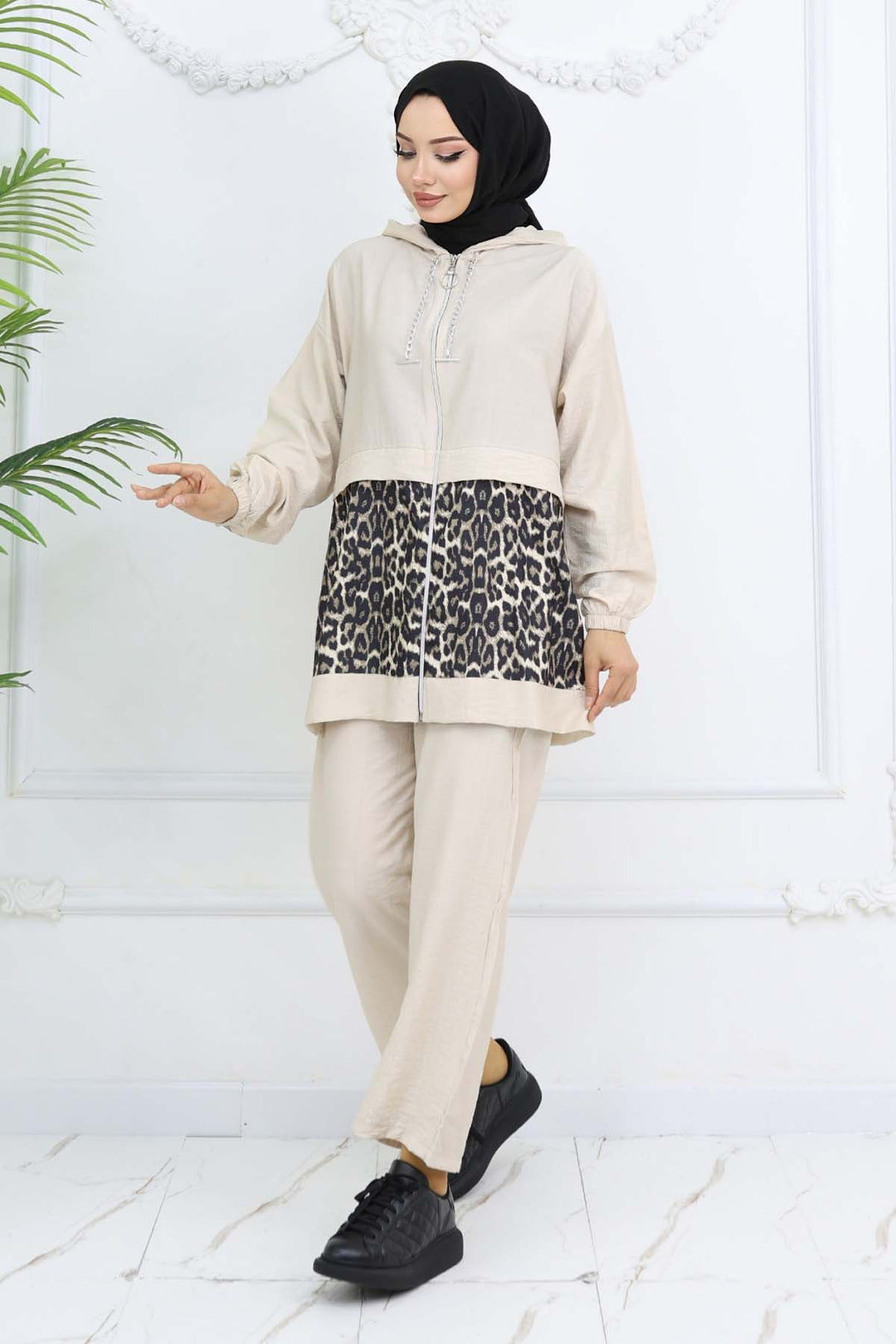 BNG Women Zincirli Leopar Desenli Takım Taş Rengi 4748 - Venray