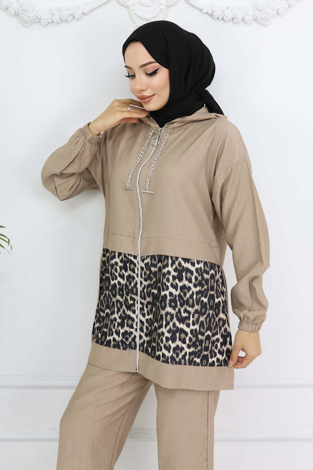 BNG Women Zincirli Leopar Desenli Takım Vizon 4748 - Yakima