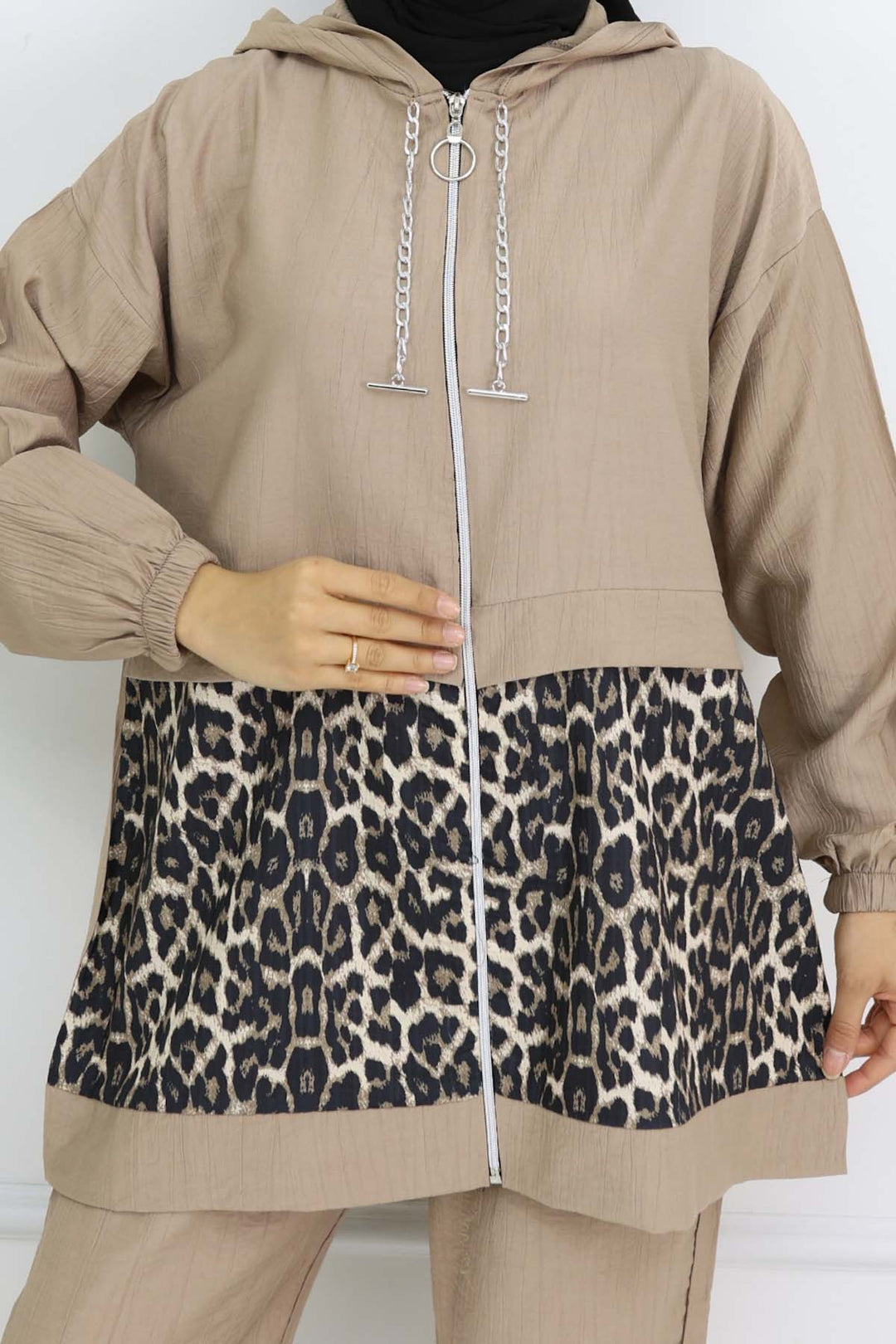 BNG Women Zincirli Leopar Desenli Takım Vizon 4748 - Yakima