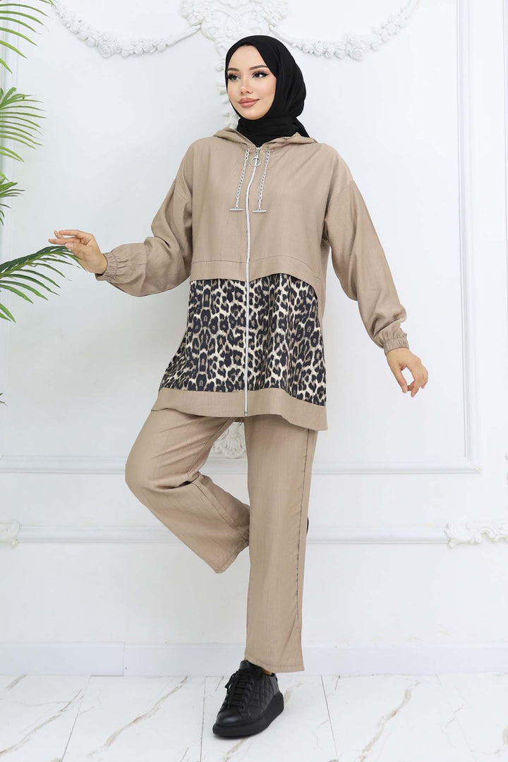 BNG Women Zincirli Leopar Desenli Takım Vizon 4748 - Yakima