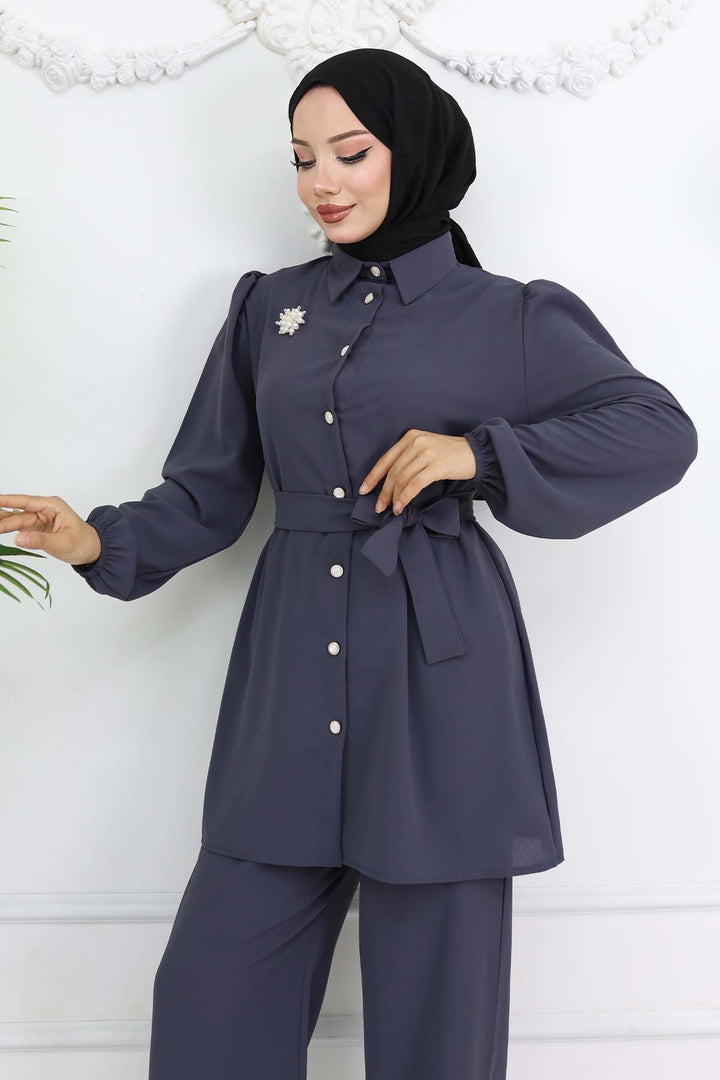 BNG Women İnci Broşlu Kuşaklı İkili Takım Antrasit 4768 - New Haven