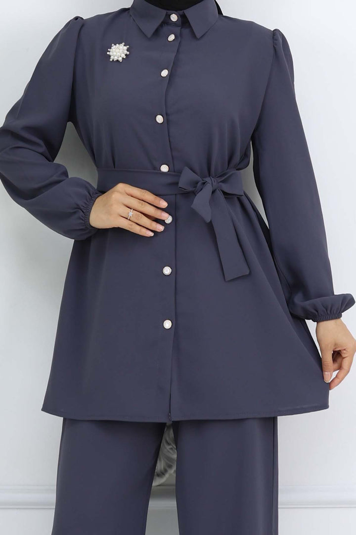 BNG Women İnci Broşlu Kuşaklı İkili Takım Antrasit 4768 - New Haven