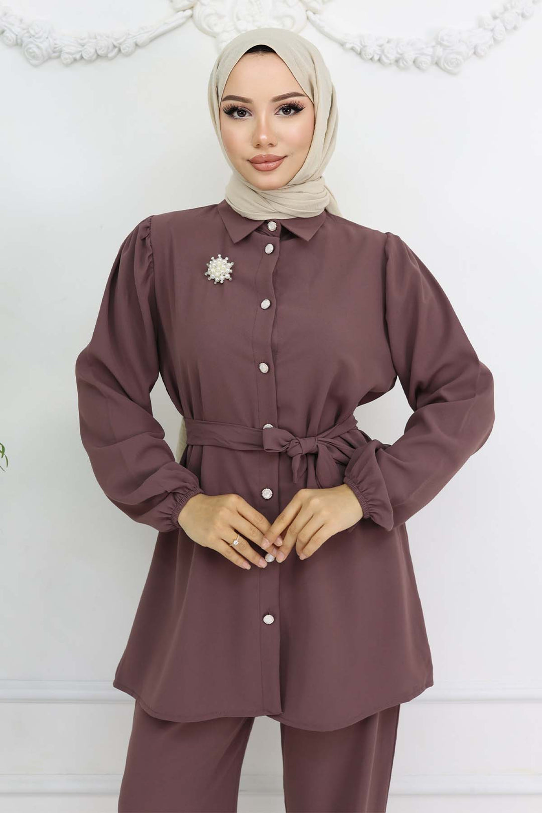 BNG Women Pearl Brooch Belted Two-Piece Set Rose Pink 4768 - Villajoyosa