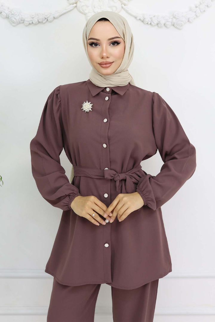 BNG Women Pearl Brooch Belted Two-Piece Set Rose Pink 4768 - Villajoyosa