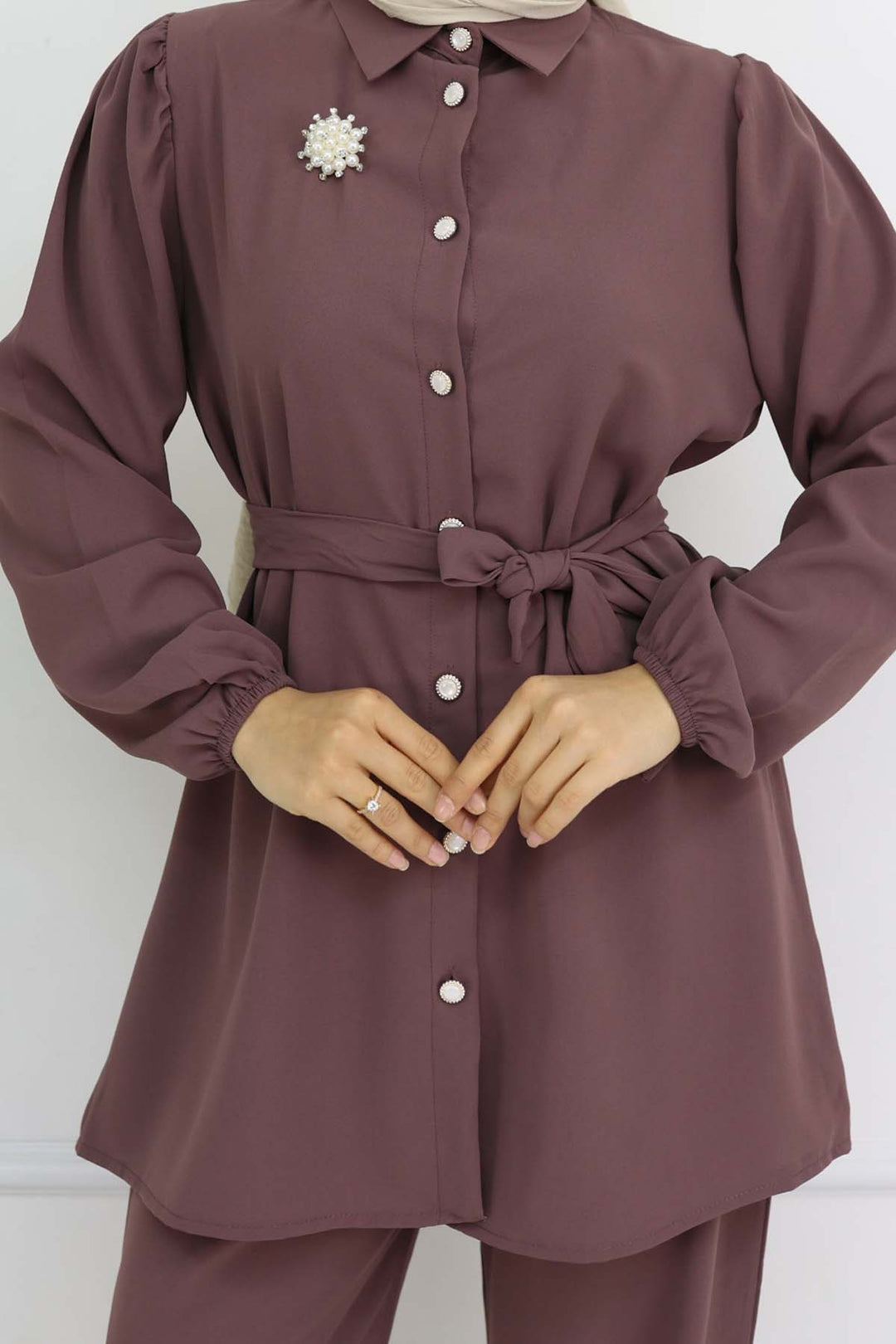 BNG Women Pearl Brooch Belted Two-Piece Set Rose Pink 4768 - Villajoyosa