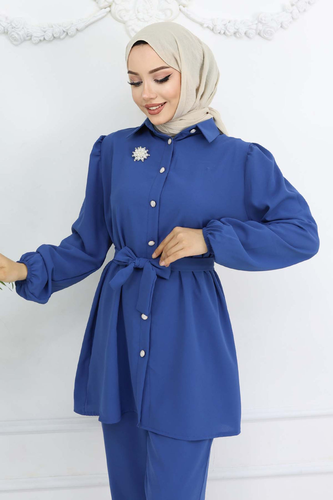 BNG Women İnci Broşlu Kuşaklı İkili Takım İndigo 4768 - Commerce City