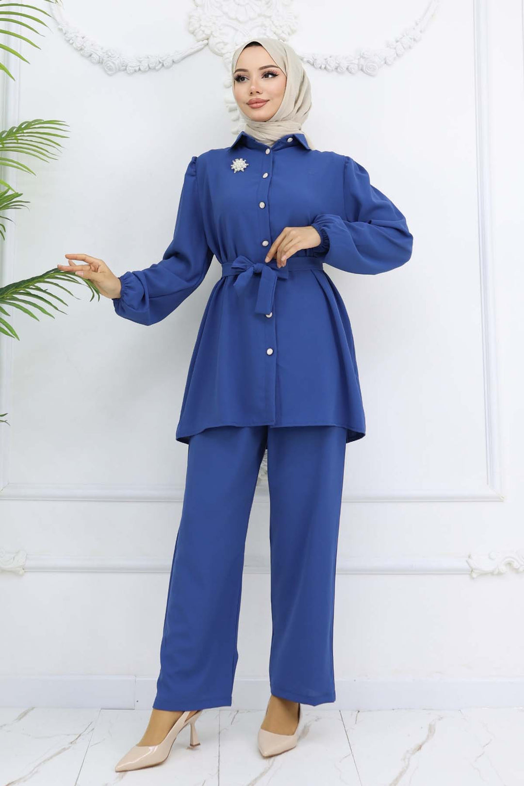BNG Women İnci Broşlu Kuşaklı İkili Takım İndigo 4768 - Commerce City