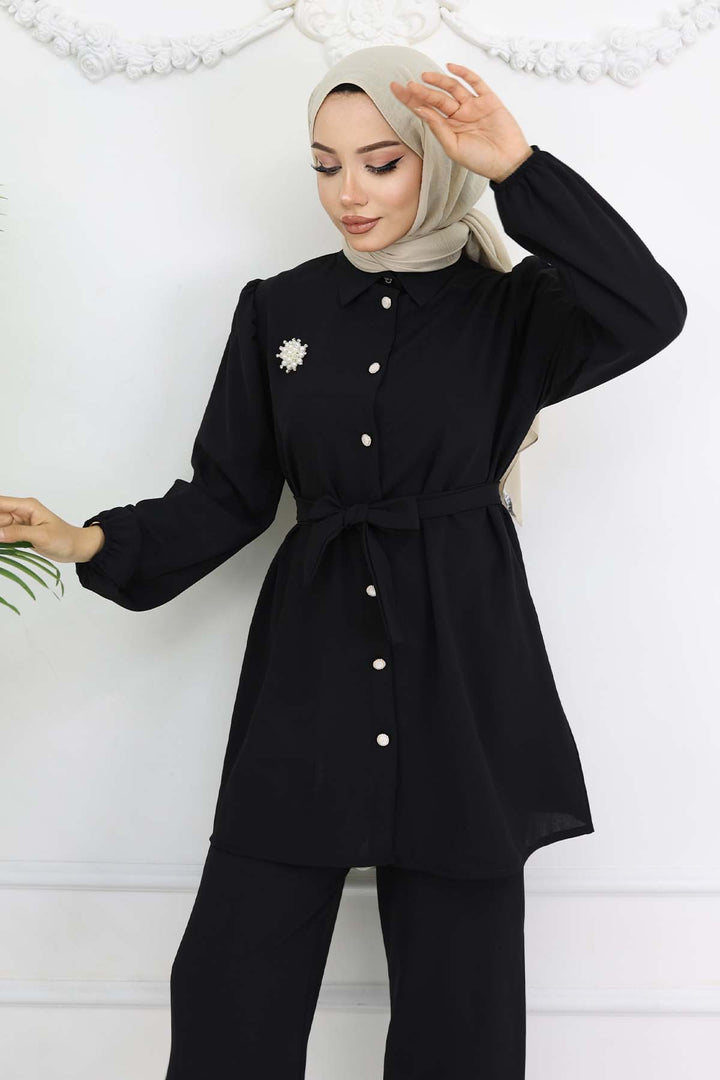 BNG Women İnci Broşlu Kuşaklı İkili Takım Siyah 4768 - Navojoa